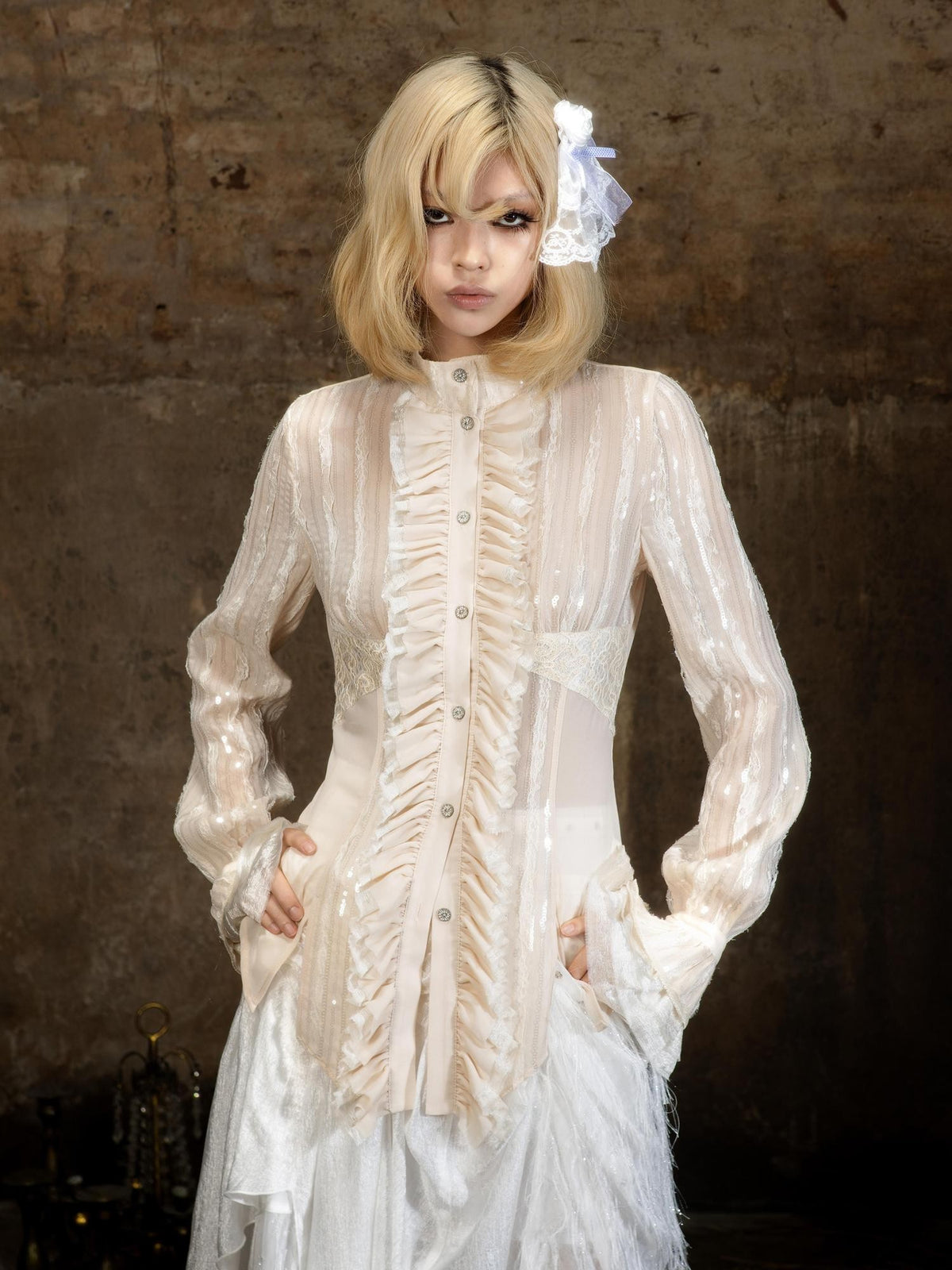 ARIADNAw Lace Sequin Embroidered High Neck Long Sleeve Women&