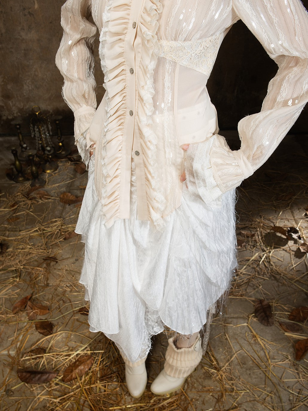 ARIADNAw Lace Sequin Embroidered High Neck Long Sleeve Women&