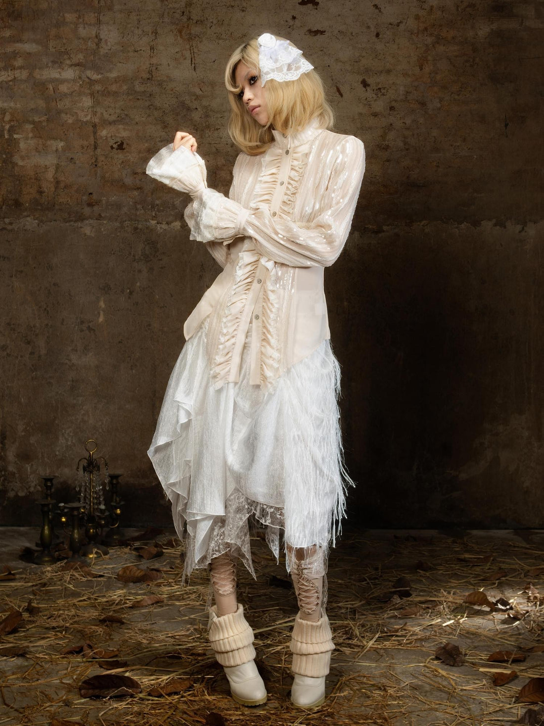 ARIADNAw Lace Sequin Embroidered High Neck Long Sleeve Women&