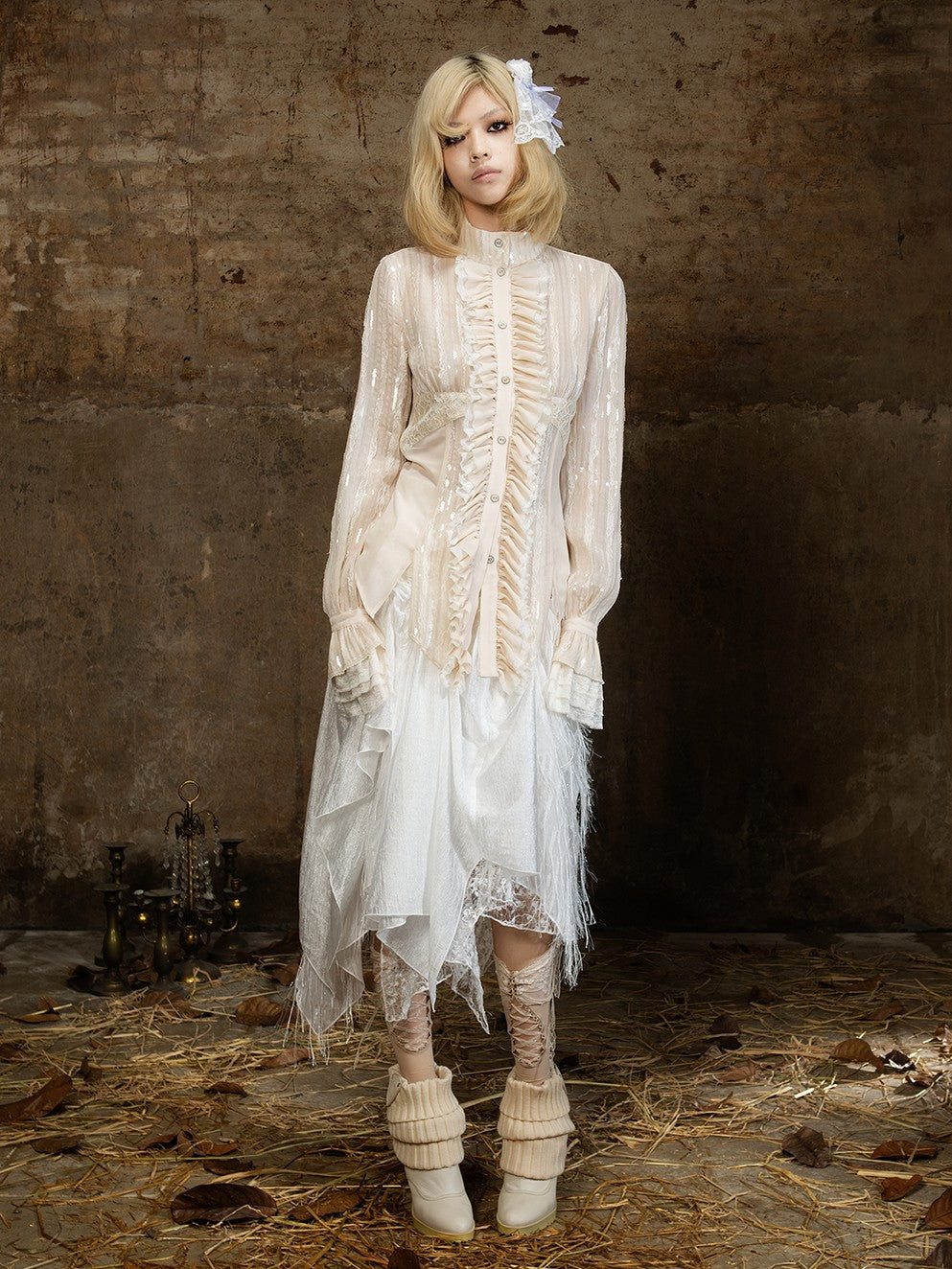 ARIADNAw Lace Sequin Embroidered High Neck Long Sleeve Women&