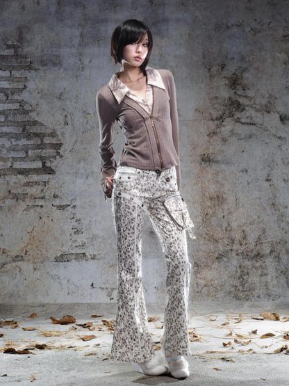 ARIADNAw Leopard Print Pocket Flared Pants Pants