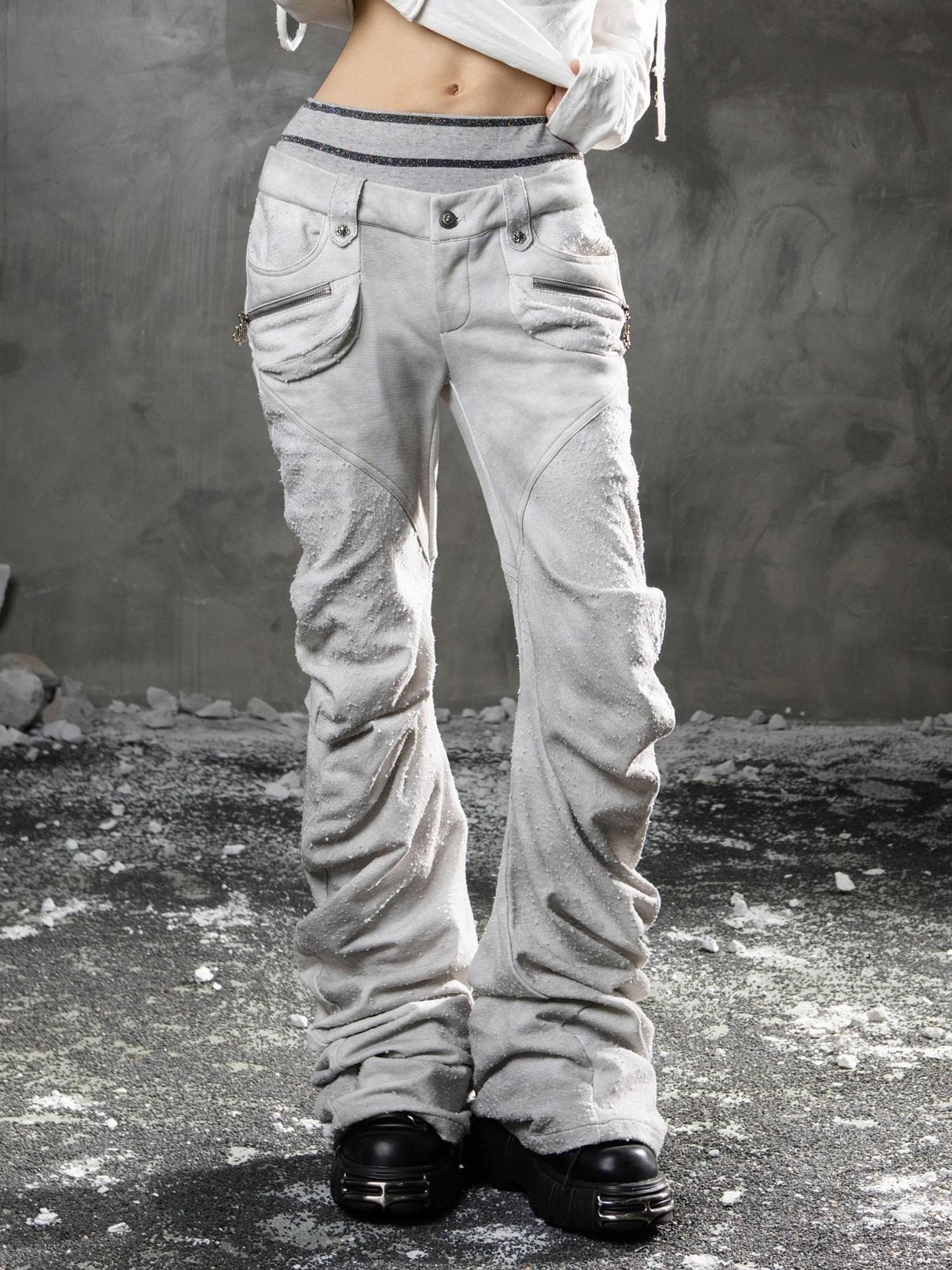 ARIADNAw Light Gray Low Waist Button Fly Punk Micro Flare Bell Bottom Unisex Sweatpants