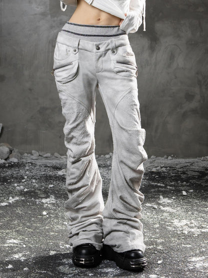 ARIADNAw Light Gray Low Waist Button Fly Punk Micro Flare Bell Bottom Unisex Sweatpants