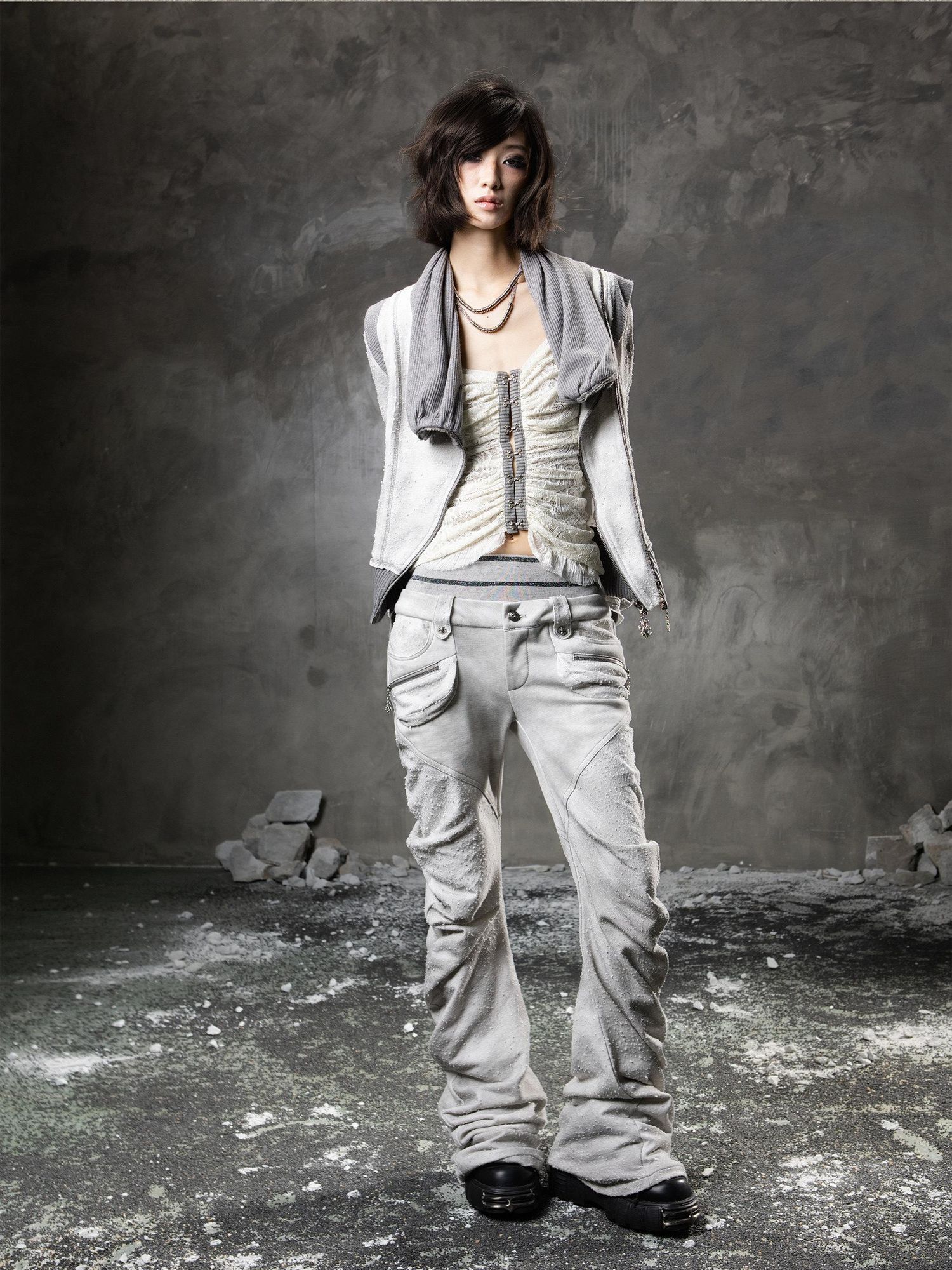 ARIADNAw Light Gray Low Waist Button Fly Punk Micro Flare Bell Bottom Unisex Sweatpants