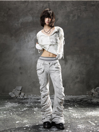 ARIADNAw Light Gray Low Waist Button Fly Punk Micro Flare Bell Bottom Unisex Sweatpants