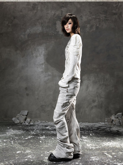ARIADNAw Light Gray Low Waist Button Fly Punk Micro Flare Bell Bottom Unisex Sweatpants