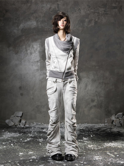 ARIADNAw Light Gray Low Waist Button Fly Punk Micro Flare Bell Bottom Unisex Sweatpants