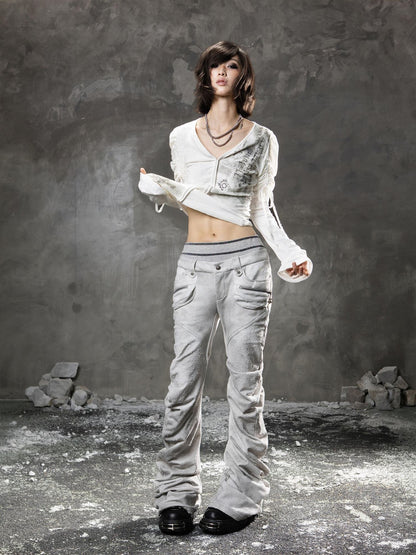 ARIADNAw Light Gray Low Waist Button Fly Punk Micro Flare Bell Bottom Unisex Sweatpants