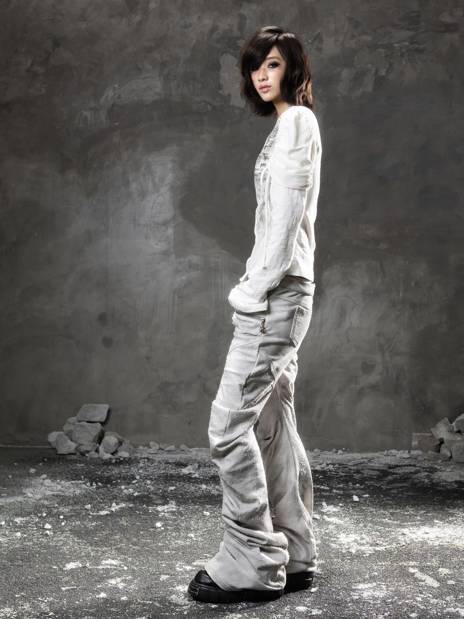 ARIADNAw Light Gray Low Waist Button Fly Punk Micro Flare Bell Bottom Unisex Sweatpants