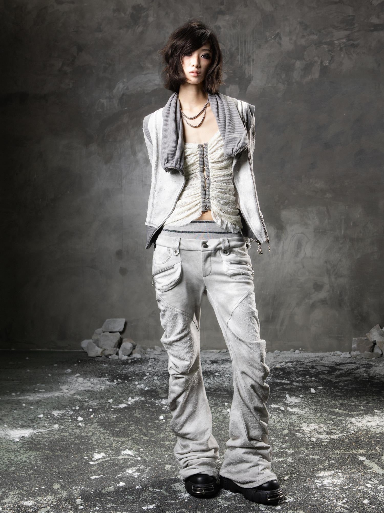 ARIADNAw Light Gray Low Waist Button Fly Punk Micro Flare Bell Bottom Unisex Sweatpants