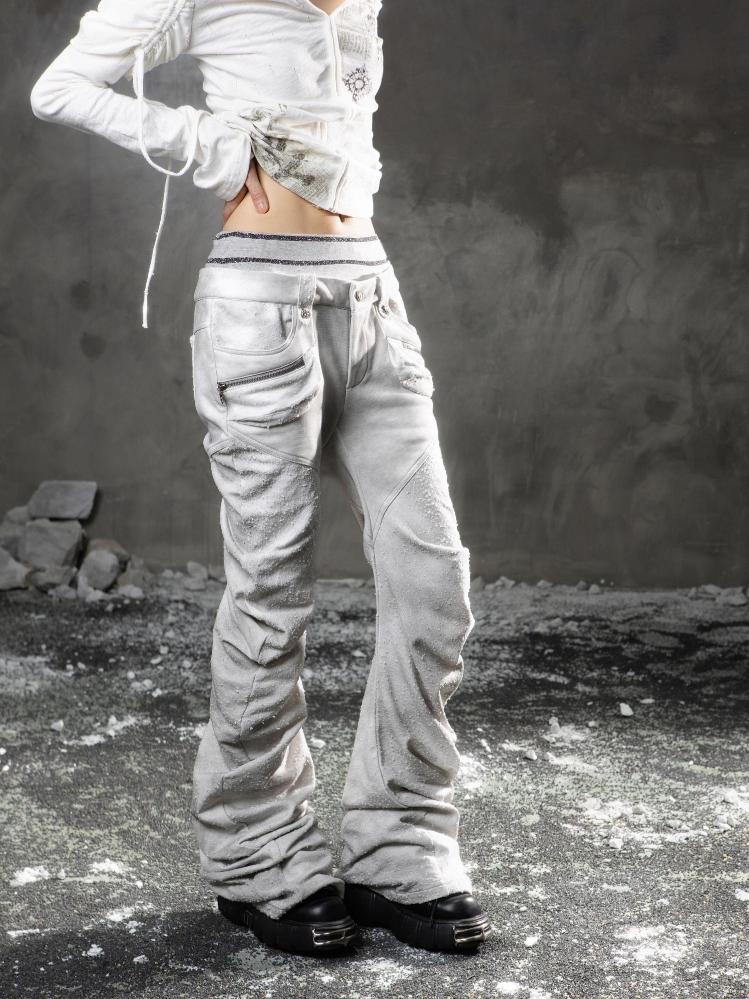 ARIADNAw Light Gray Low Waist Button Fly Punk Micro Flare Bell Bottom Unisex Sweatpants