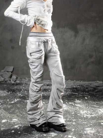 ARIADNAw Light Gray Low Waist Button Fly Punk Micro Flare Bell Bottom Unisex Sweatpants