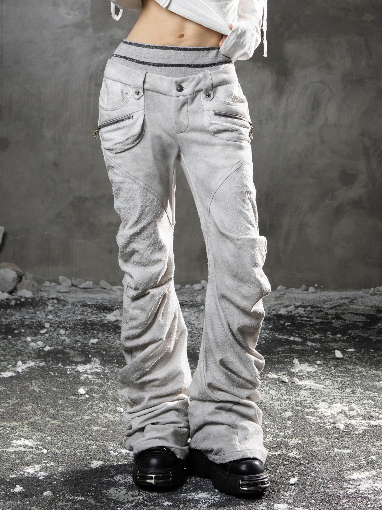 ARIADNAw Light Gray Low Waist Button Fly Punk Micro Flare Bell Bottom Unisex Sweatpants