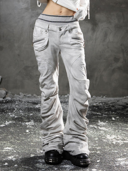 ARIADNAw Light Gray Low Waist Button Fly Punk Micro Flare Bell Bottom Unisex Sweatpants