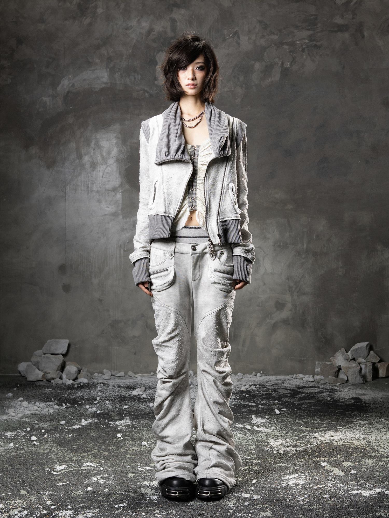 ARIADNAw Light Gray Low Waist Button Fly Punk Micro Flare Bell Bottom Unisex Sweatpants