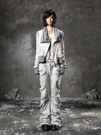 ARIADNAw Light Gray Low Waist Button Fly Punk Micro Flare Bell Bottom Unisex Sweatpants