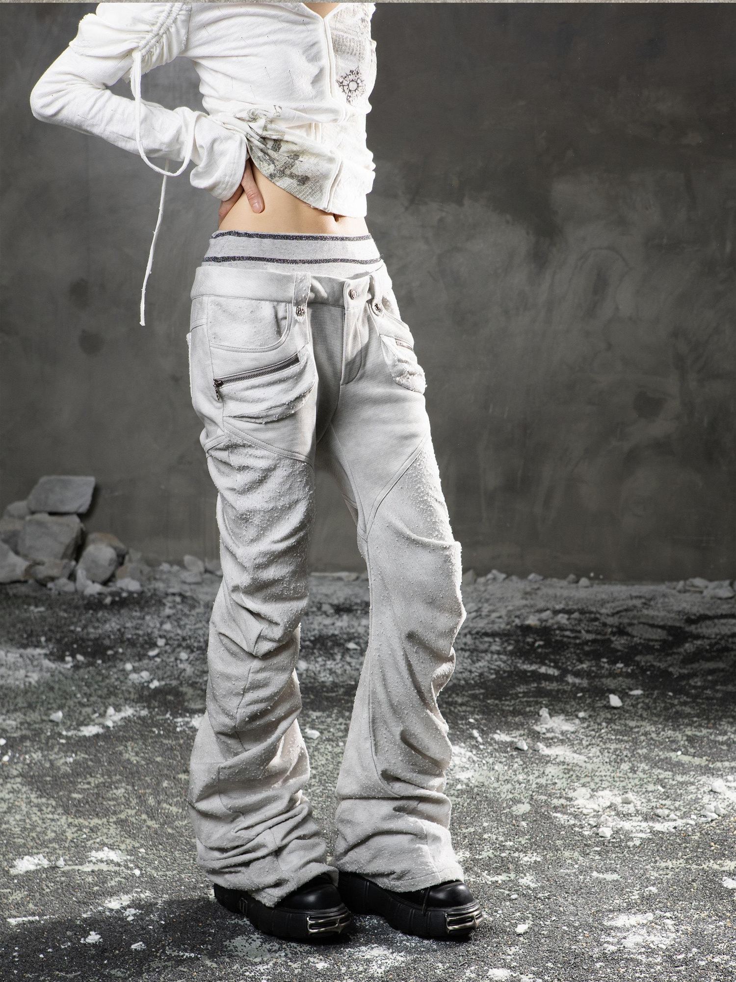 ARIADNAw Light Gray Low Waist Button Fly Punk Micro Flare Bell Bottom Unisex Sweatpants