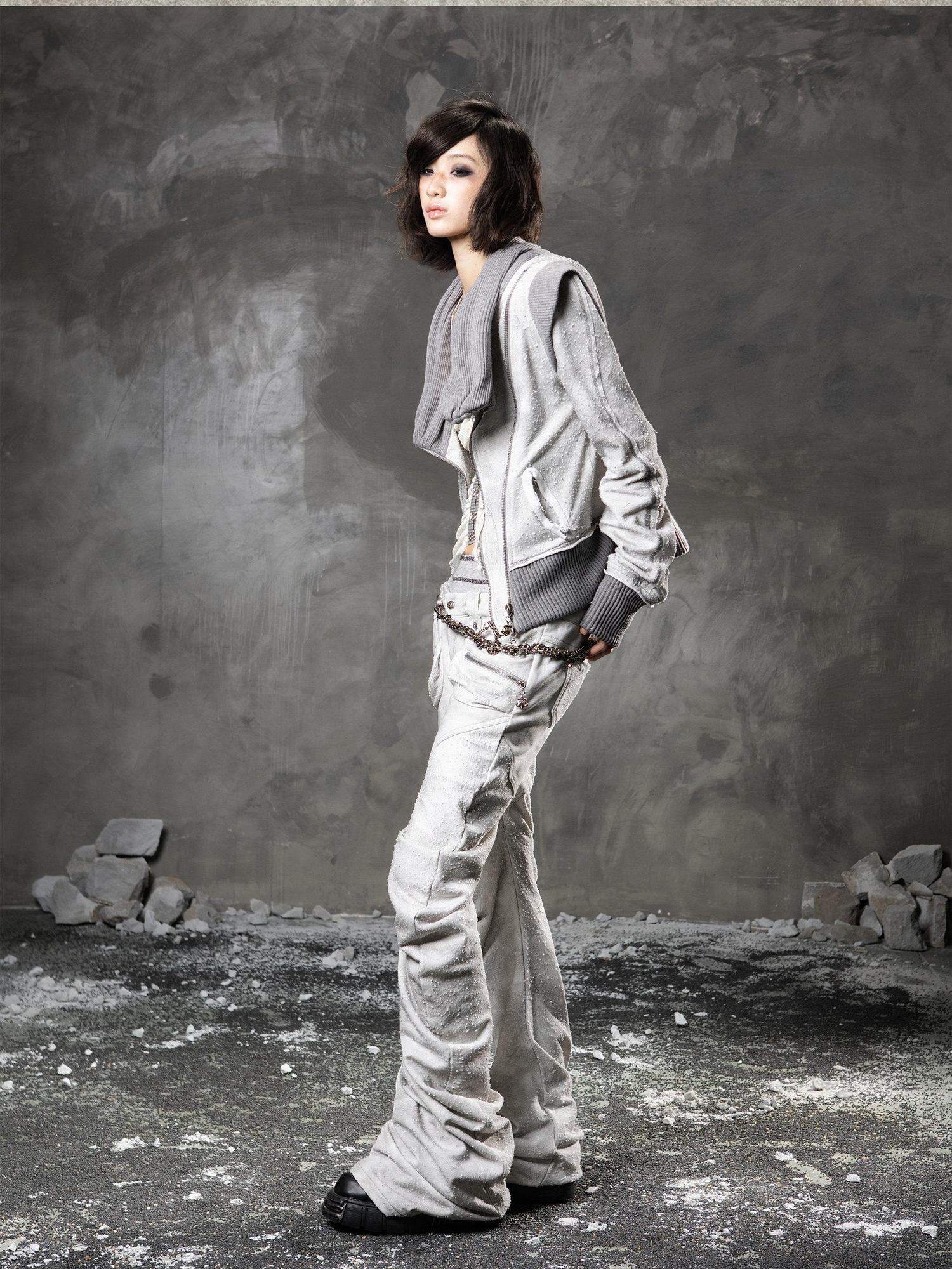 ARIADNAw Light Gray Low Waist Button Fly Punk Micro Flare Bell Bottom Unisex Sweatpants