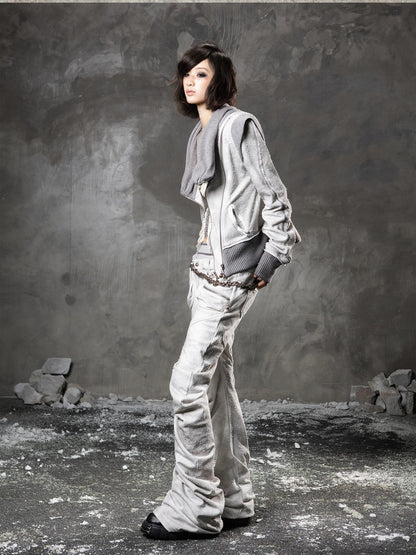 ARIADNAw Light Gray Low Waist Button Fly Punk Micro Flare Bell Bottom Unisex Sweatpants
