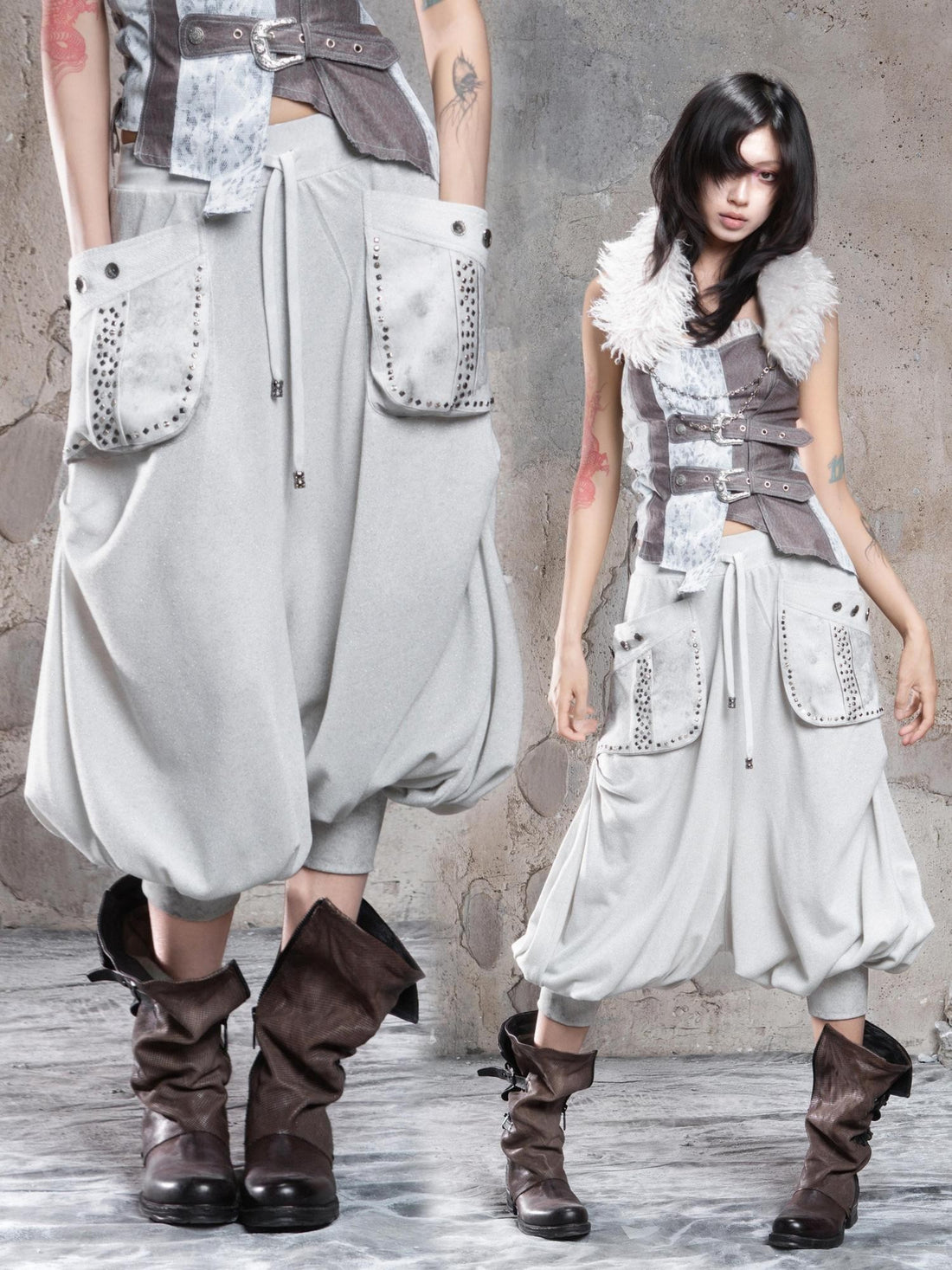 ARIADNAw Light Gray Retro Punk Drop Crotch Big Pocket Rhinestone Women&