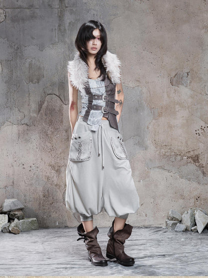 ARIADNAw Light Gray Retro Punk Drop Crotch Big Pocket Rhinestone Women&