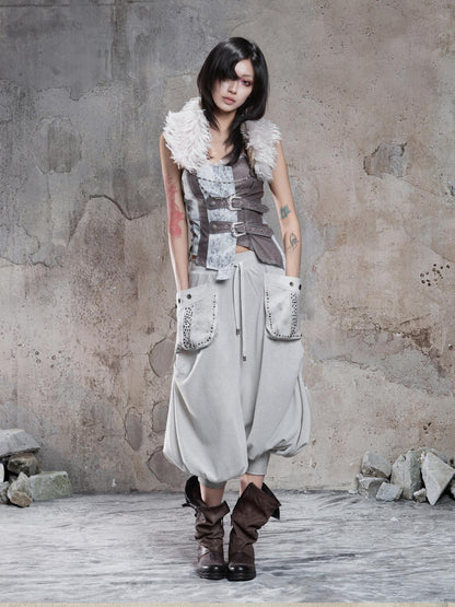 ARIADNAw Light Gray Retro Punk Drop Crotch Big Pocket Rhinestone Women&