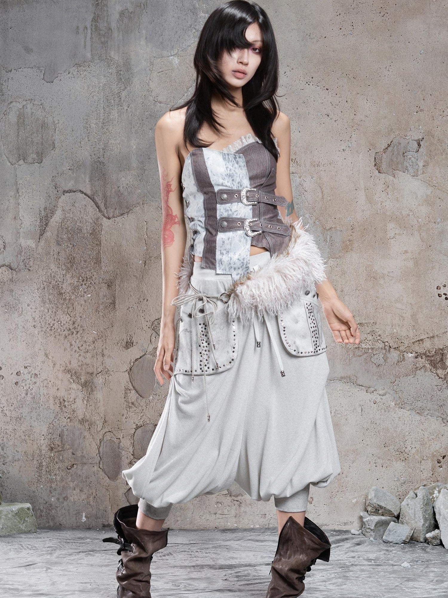 ARIADNAw Light Gray Retro Punk Drop Crotch Big Pocket Rhinestone Women&