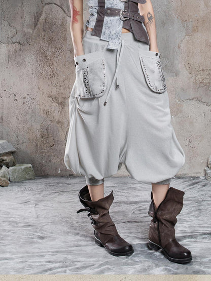 ARIADNAw Light Gray Retro Punk Drop Crotch Big Pocket Rhinestone Women&