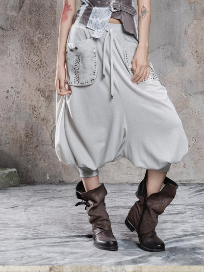 ARIADNAw Light Gray Retro Punk Drop Crotch Big Pocket Rhinestone Women&