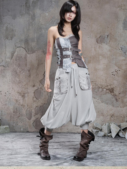 ARIADNAw Light Gray Retro Punk Drop Crotch Big Pocket Rhinestone Women&