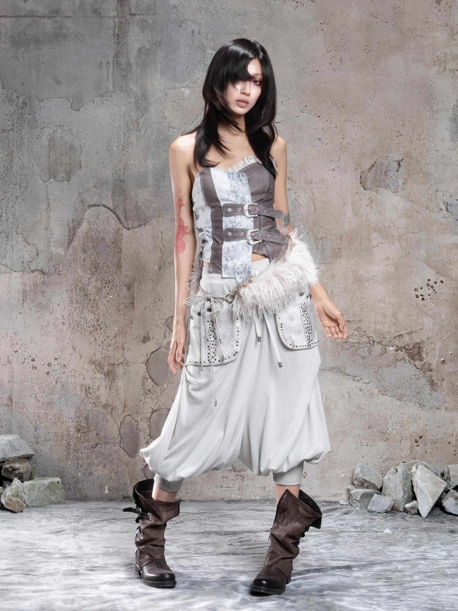 ARIADNAw Light Gray Retro Punk Drop Crotch Big Pocket Rhinestone Women&
