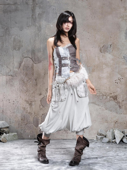 ARIADNAw Light Gray Retro Punk Drop Crotch Big Pocket Rhinestone Women&