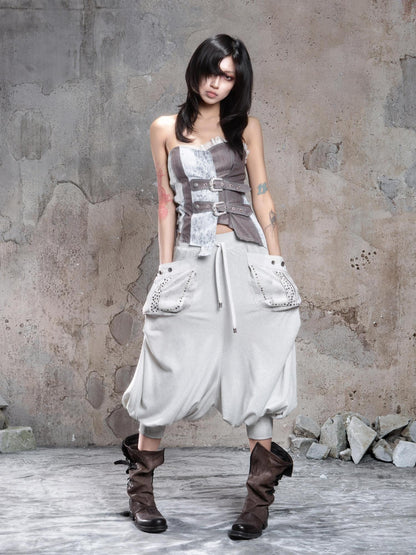 ARIADNAw Light Gray Retro Punk Drop Crotch Big Pocket Rhinestone Women&