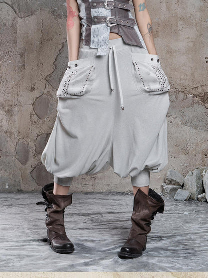 ARIADNAw Light Gray Retro Punk Drop Crotch Big Pocket Rhinestone Women&