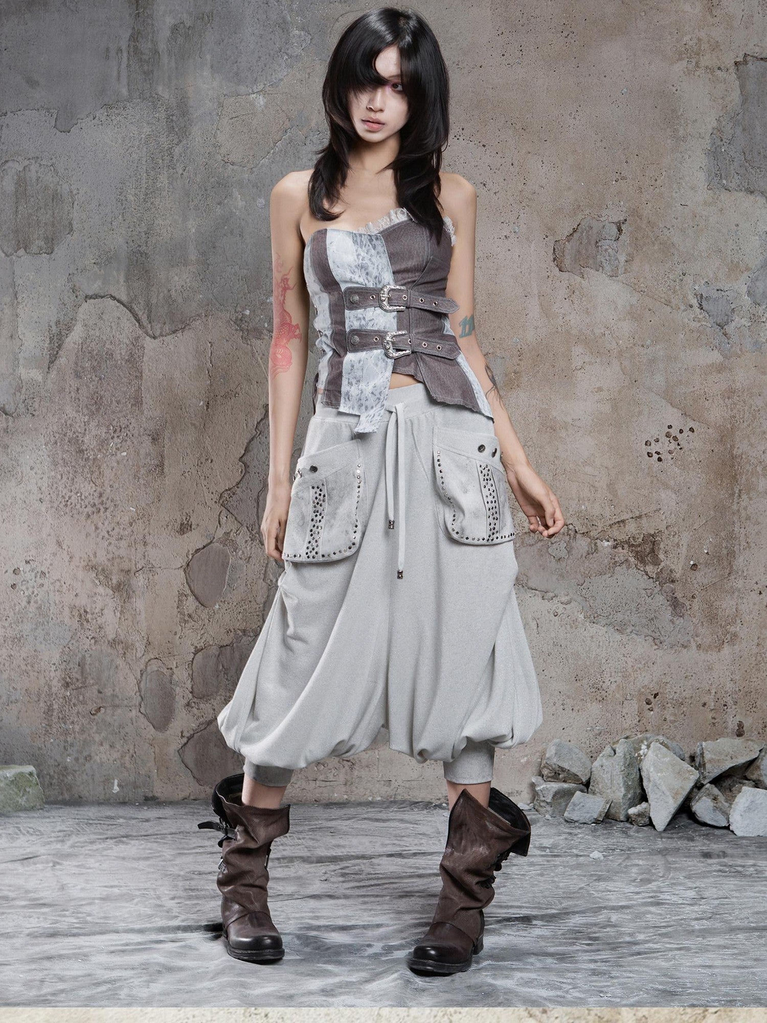 ARIADNAw Light Gray Retro Punk Drop Crotch Big Pocket Rhinestone Women&