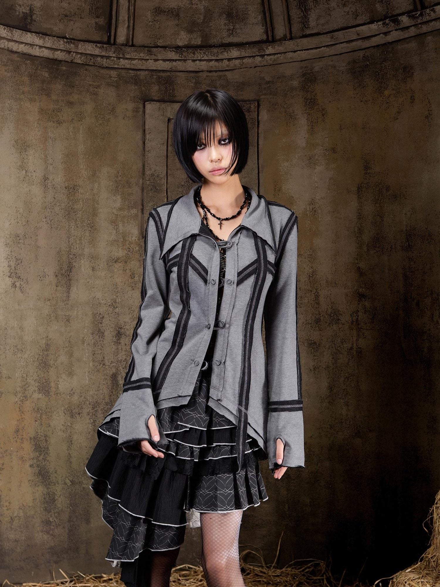 ARIADNAw Lightweight Punk Slim Fit Frayed Hem Cardigan Long Sleeve Girls Blouse