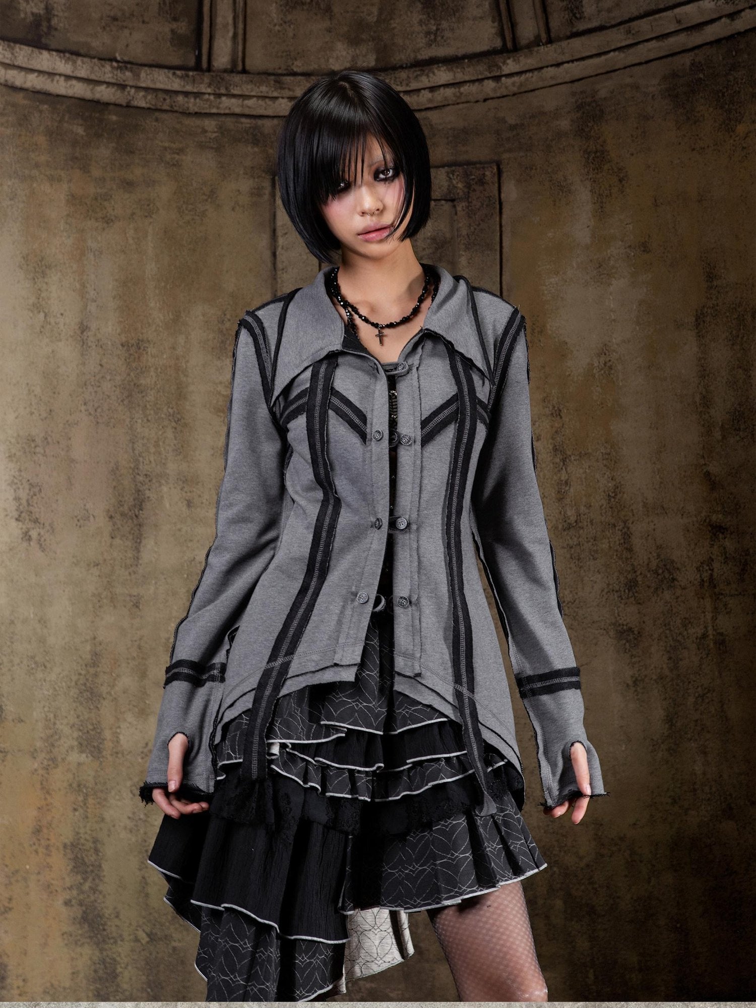 ARIADNAw Lightweight Punk Slim Fit Frayed Hem Cardigan Long Sleeve Girls Blouse