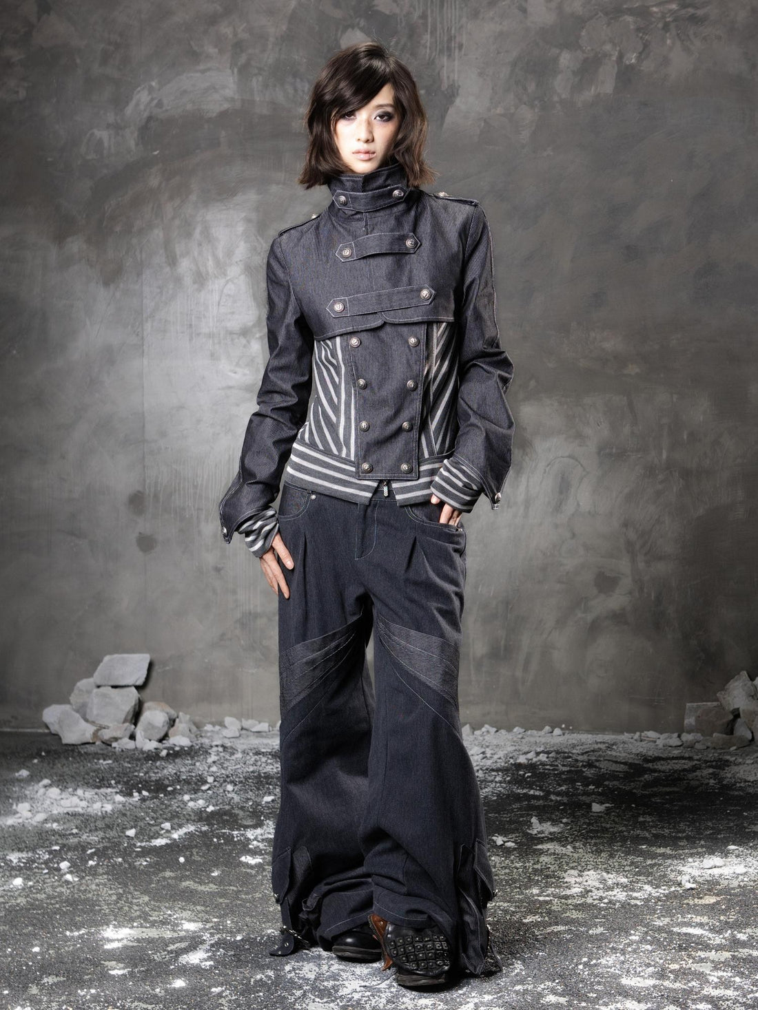 ARIADNAw Original Design 3D Embellished Asymmetric Striped Women Denim Blue Denim Jackets