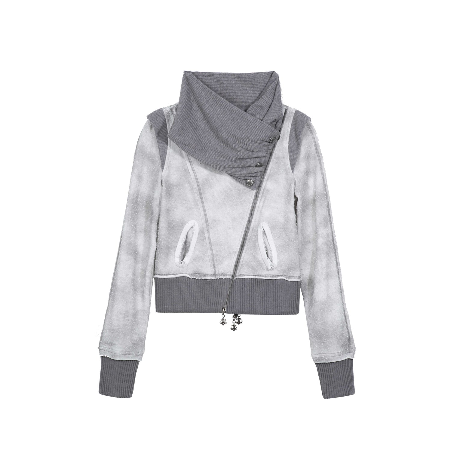 ARIADNAw Original Design Standard Zip Stacked Neck Women Grey Long Sleeve Hoodies