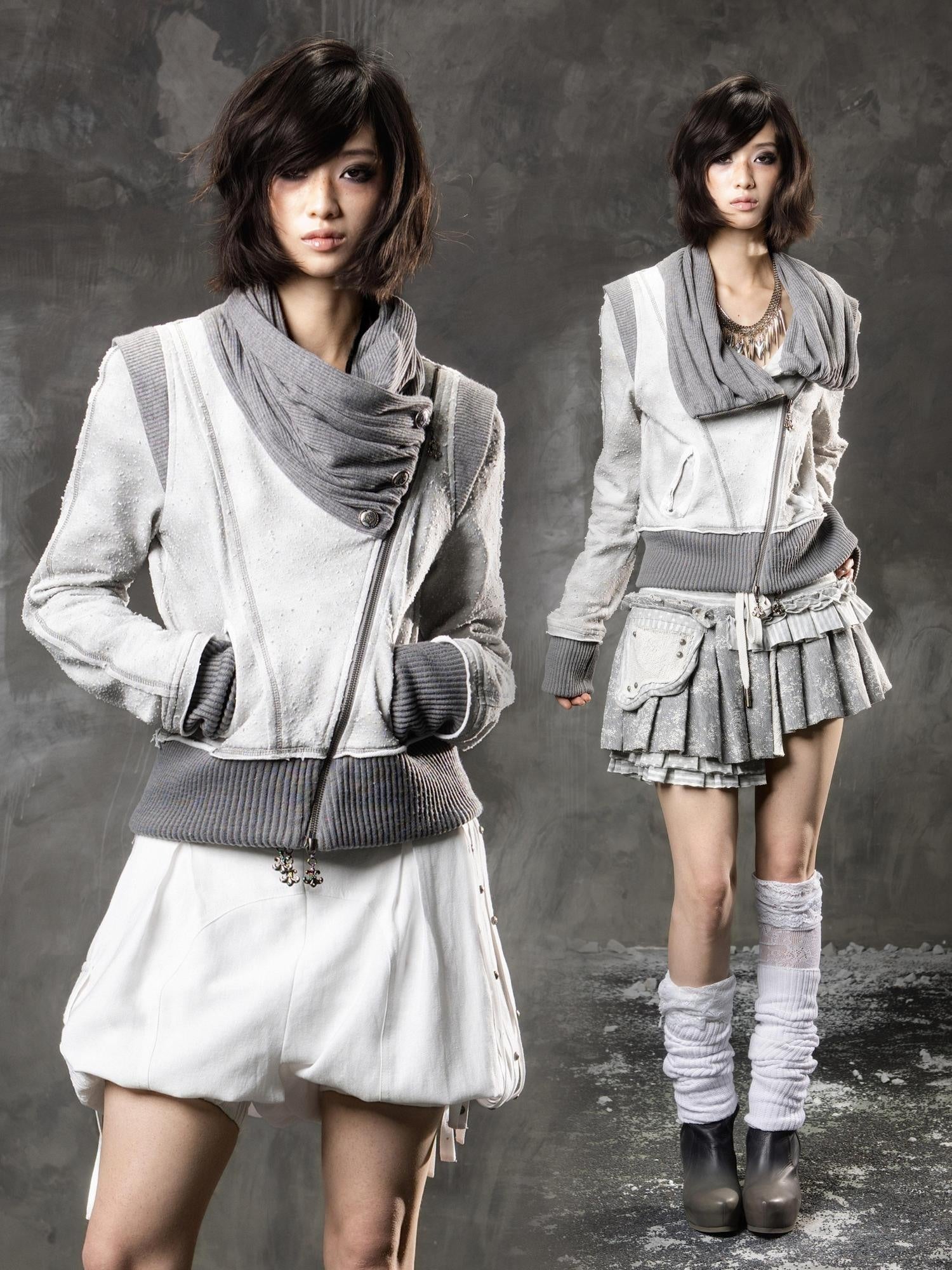ARIADNAw Original Design Standard Zip Stacked Neck Women Grey Long Sleeve Hoodies