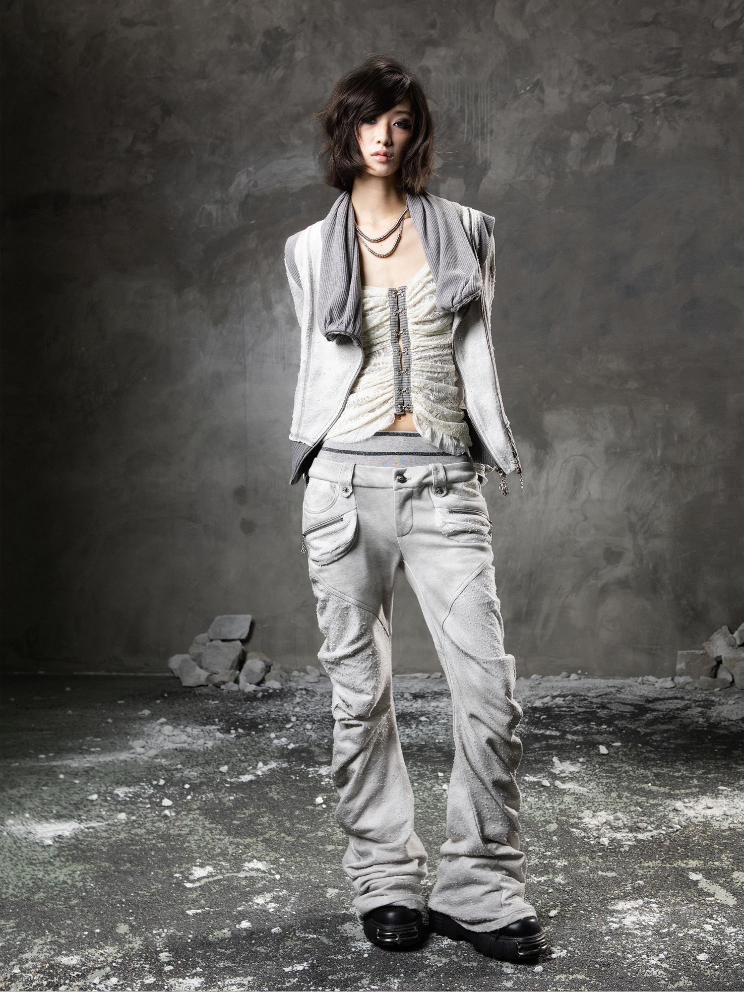 ARIADNAw Original Design Standard Zip Stacked Neck Women Grey Long Sleeve Hoodies