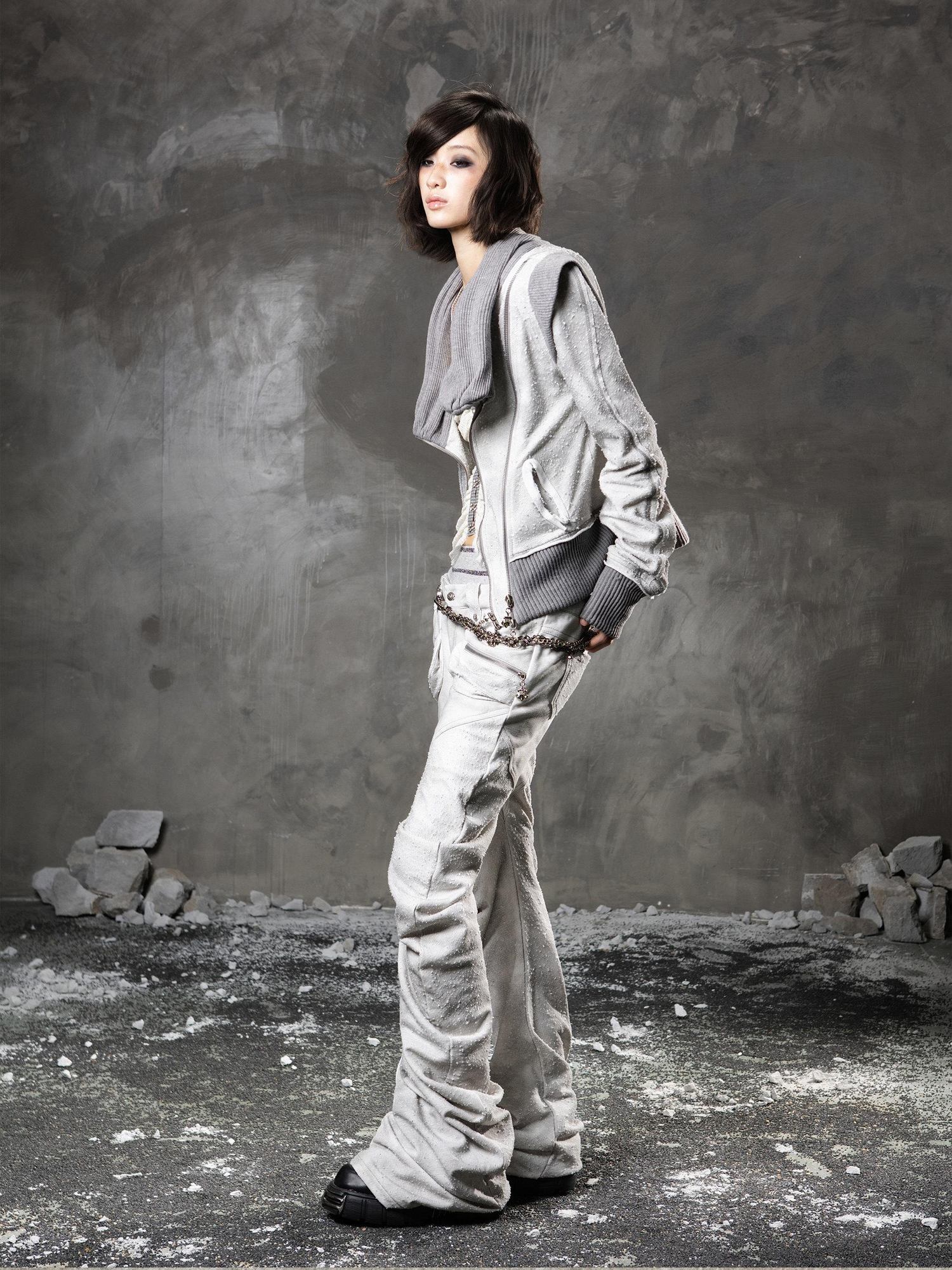 ARIADNAw Original Design Standard Zip Stacked Neck Women Grey Long Sleeve Hoodies