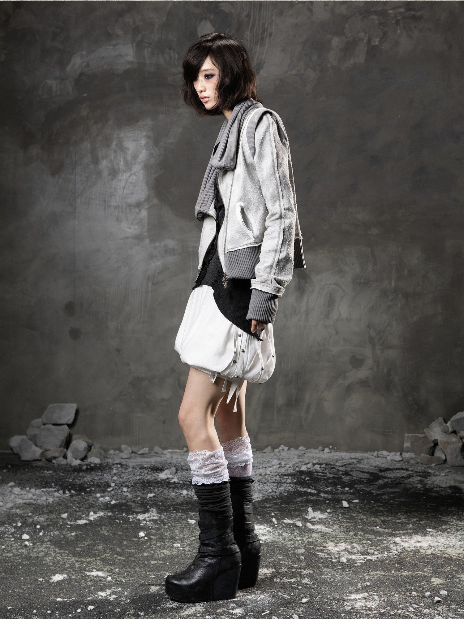 ARIADNAw Original Design Standard Zip Stacked Neck Women Grey Long Sleeve Hoodies