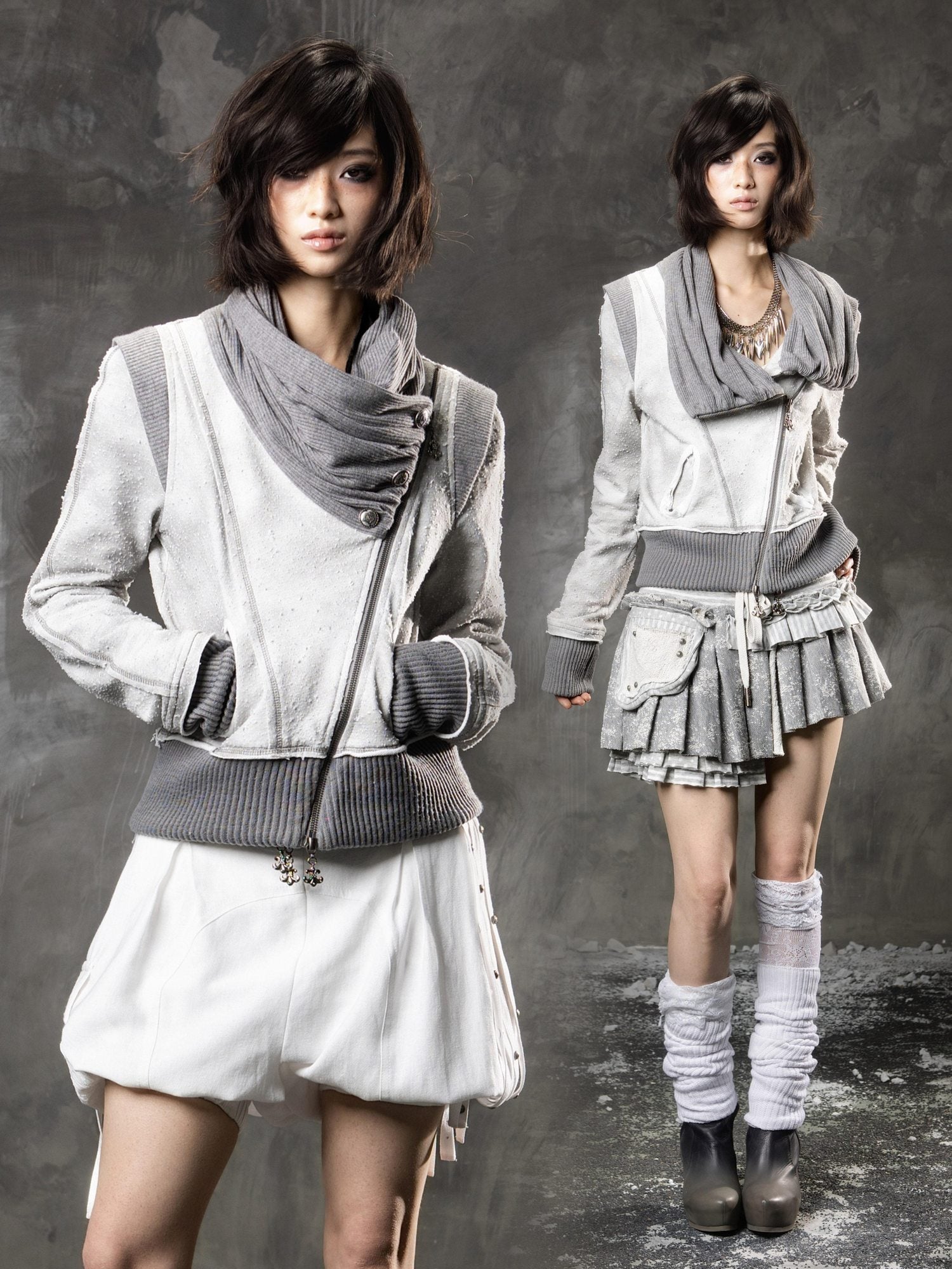 ARIADNAw Original Design Standard Zip Stacked Neck Women Grey Long Sleeve Hoodies