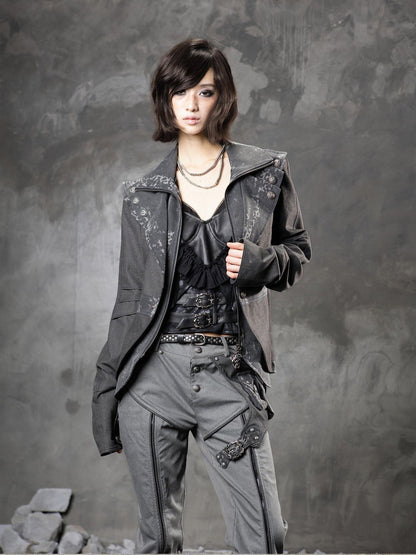 ARIADNAw Original Slim Fit Faux Layered Leopard Print Women Deep Gray Denim Jackets