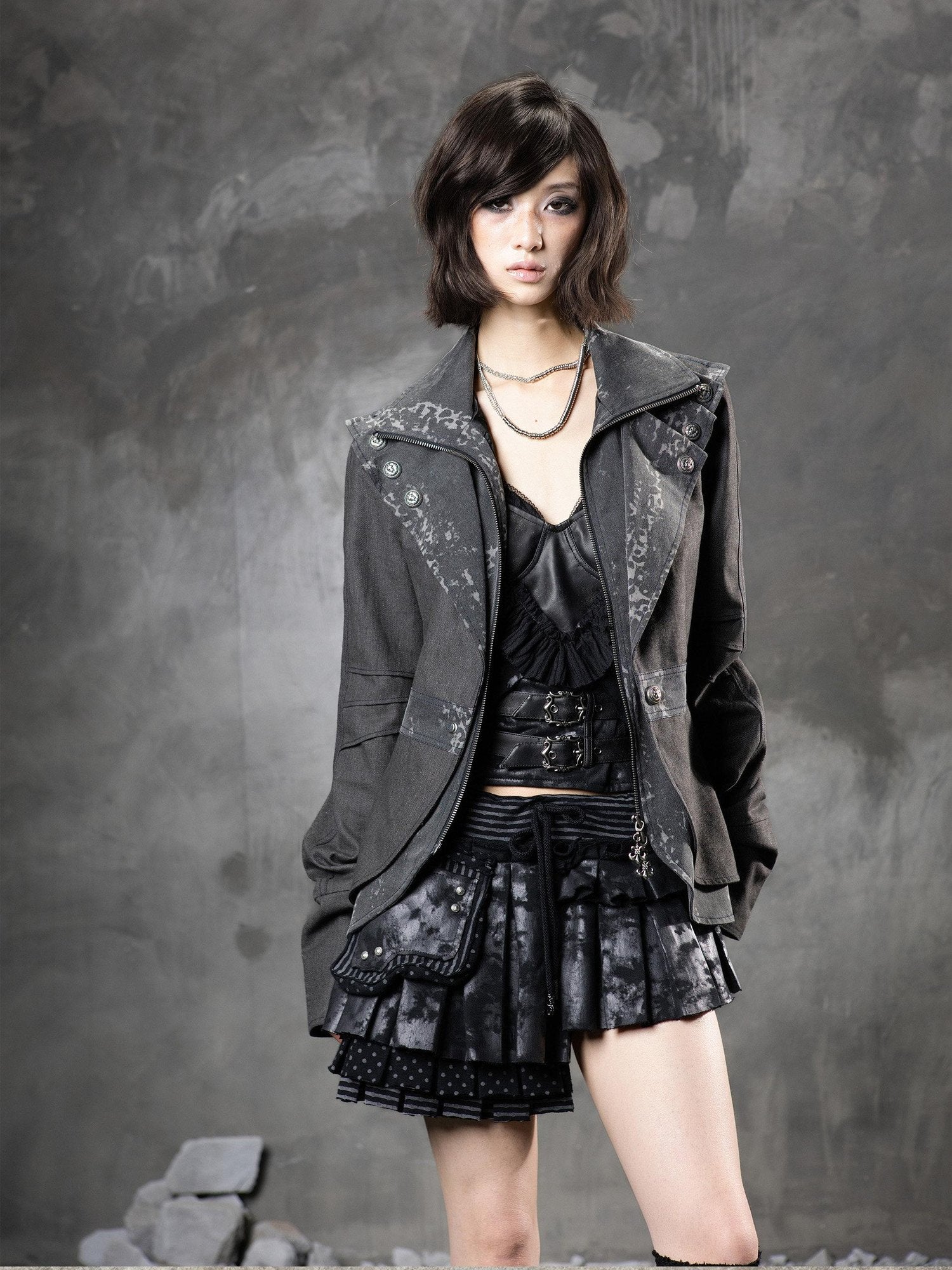 ARIADNAw Original Slim Fit Faux Layered Leopard Print Women Deep Gray Denim Jackets