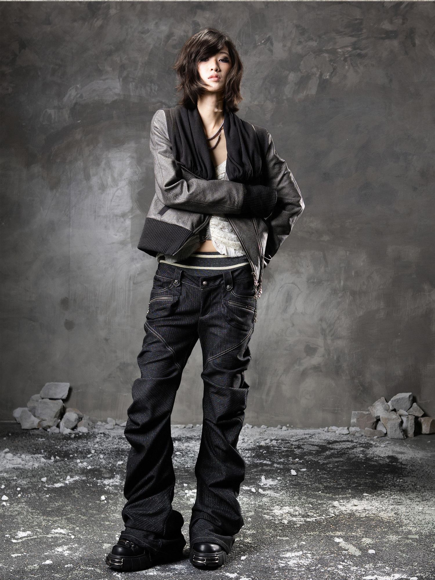 ARIADNAw Original Stacked Collar Standard Fit Pu Leather Black Coffee Leather Jackets