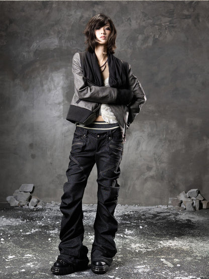 ARIADNAw Original Stacked Collar Standard Fit Pu Leather Black Coffee Leather Jackets