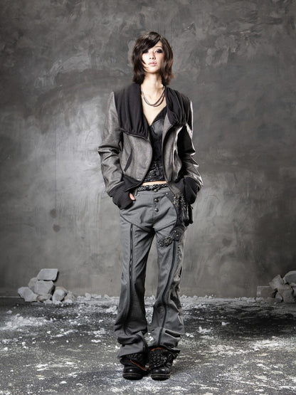 ARIADNAw Original Stacked Collar Standard Fit Pu Leather Black Coffee Leather Jackets