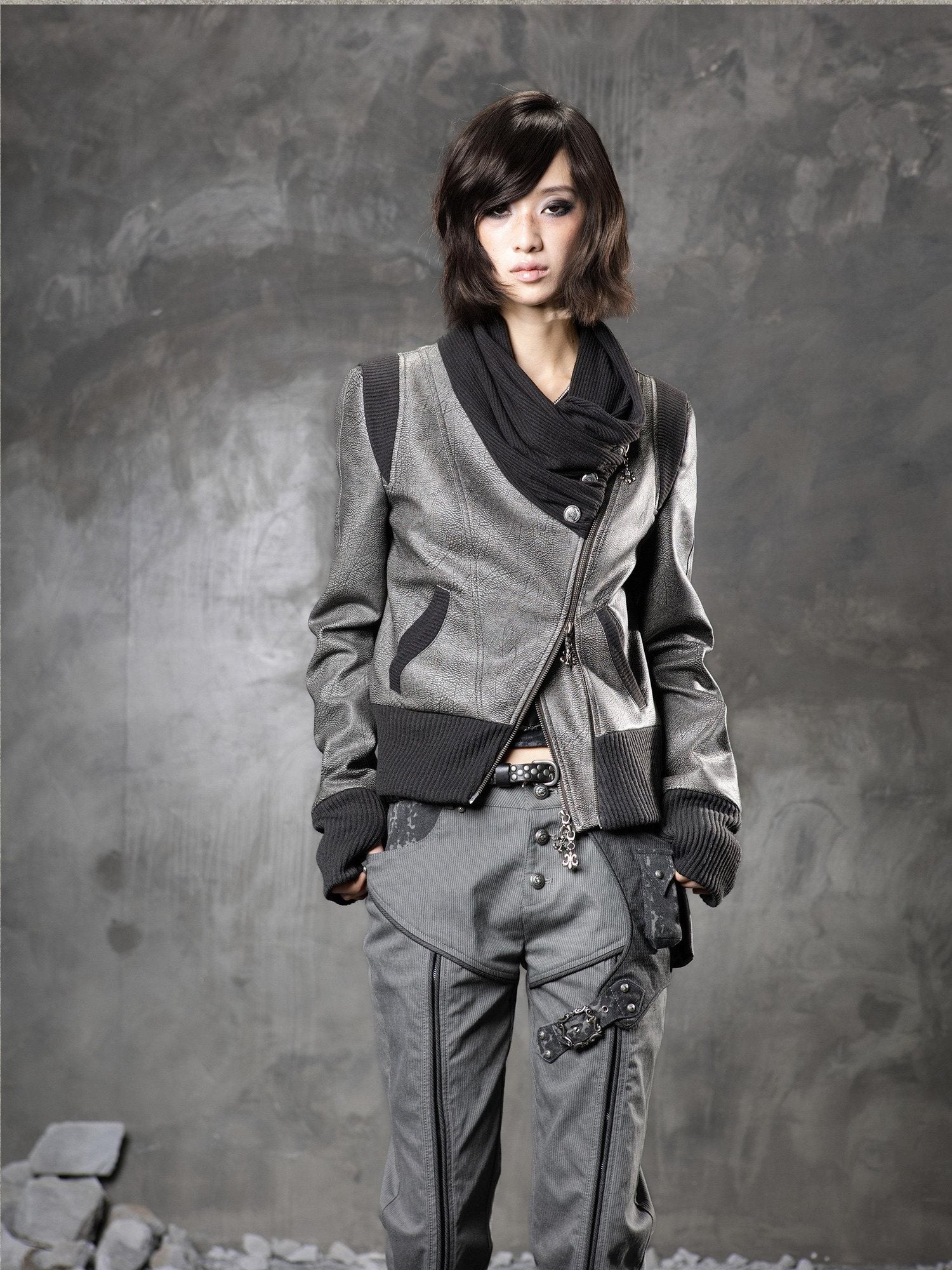 ARIADNAw Original Stacked Collar Standard Fit Pu Leather Black Coffee Leather Jackets